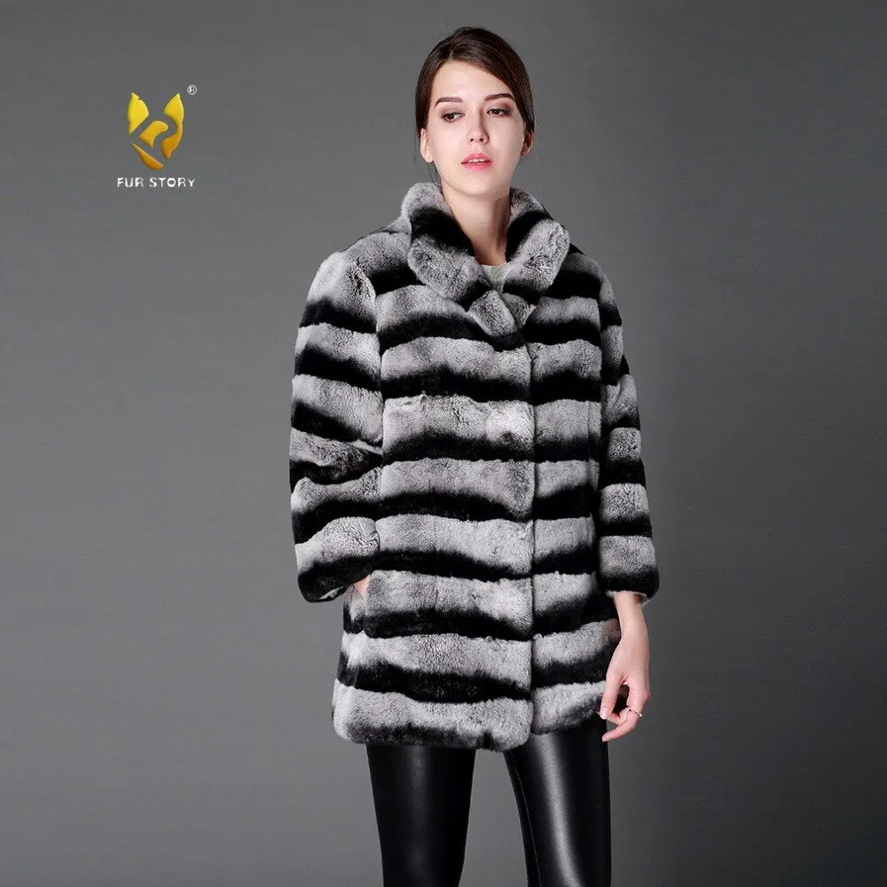 Women's Genuine Rabbit Fur Coat Women Half Sleeve Chinchilla Color Femal Overcoat