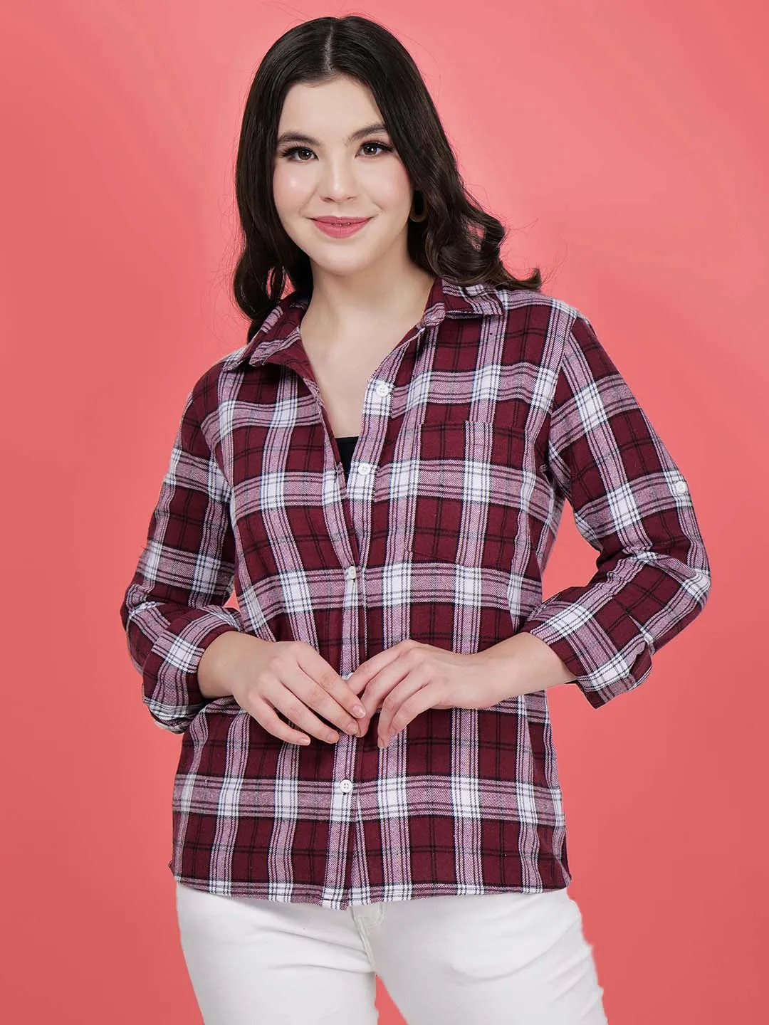 Women's Maroon Check Cotton Shirt