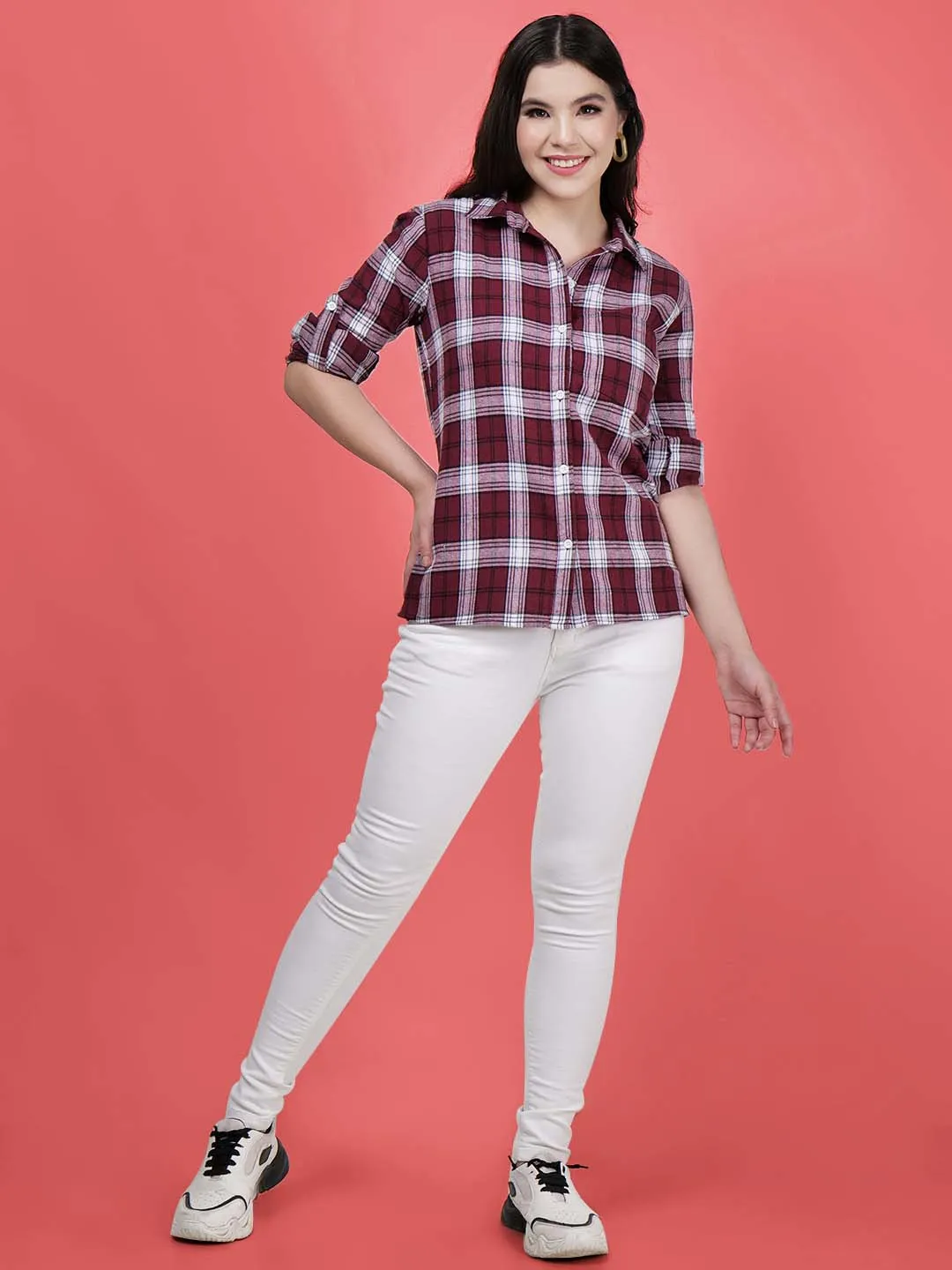 Women's Maroon Check Cotton Shirt