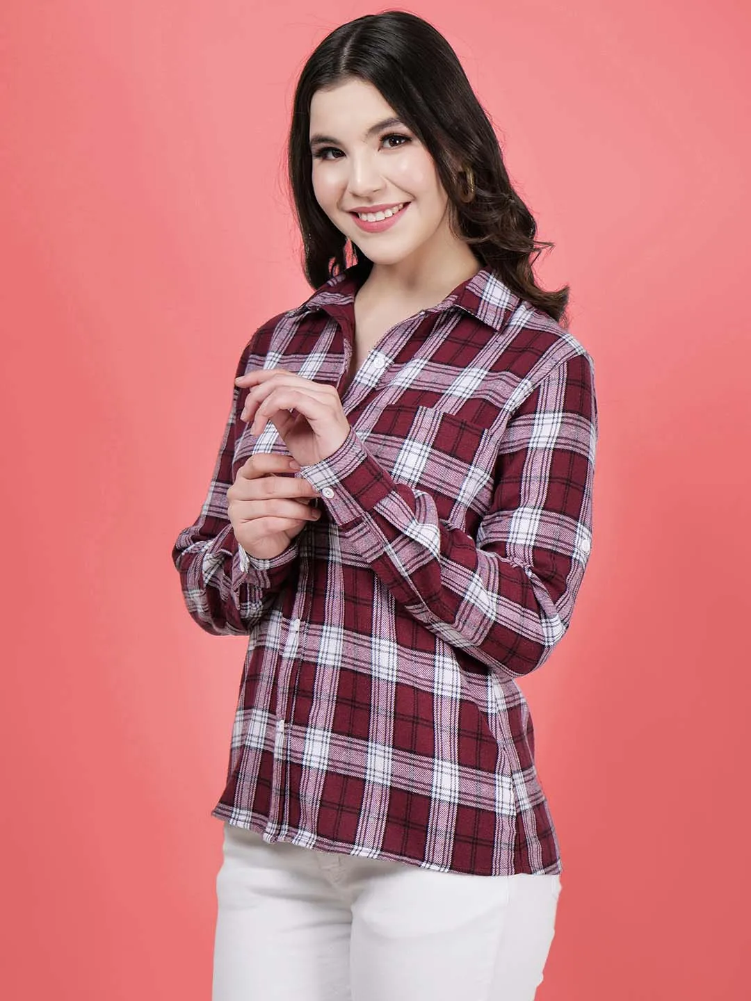 Women's Maroon Check Cotton Shirt